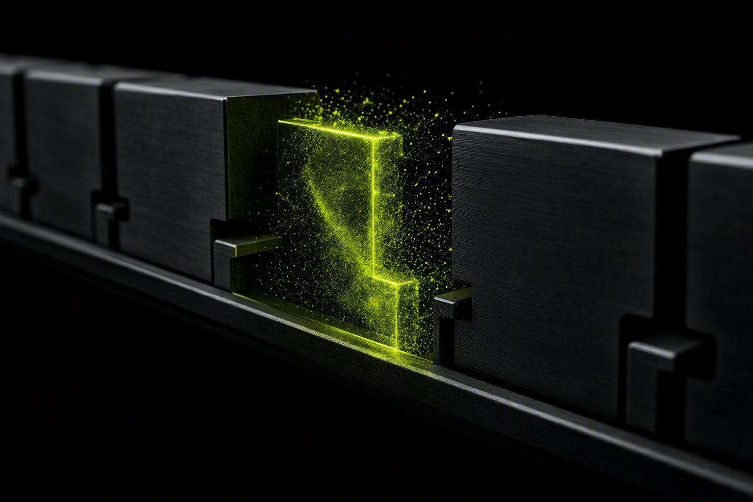 A gap between two clips on a dark timeline fills with a shot forming out of chartreuse particles.