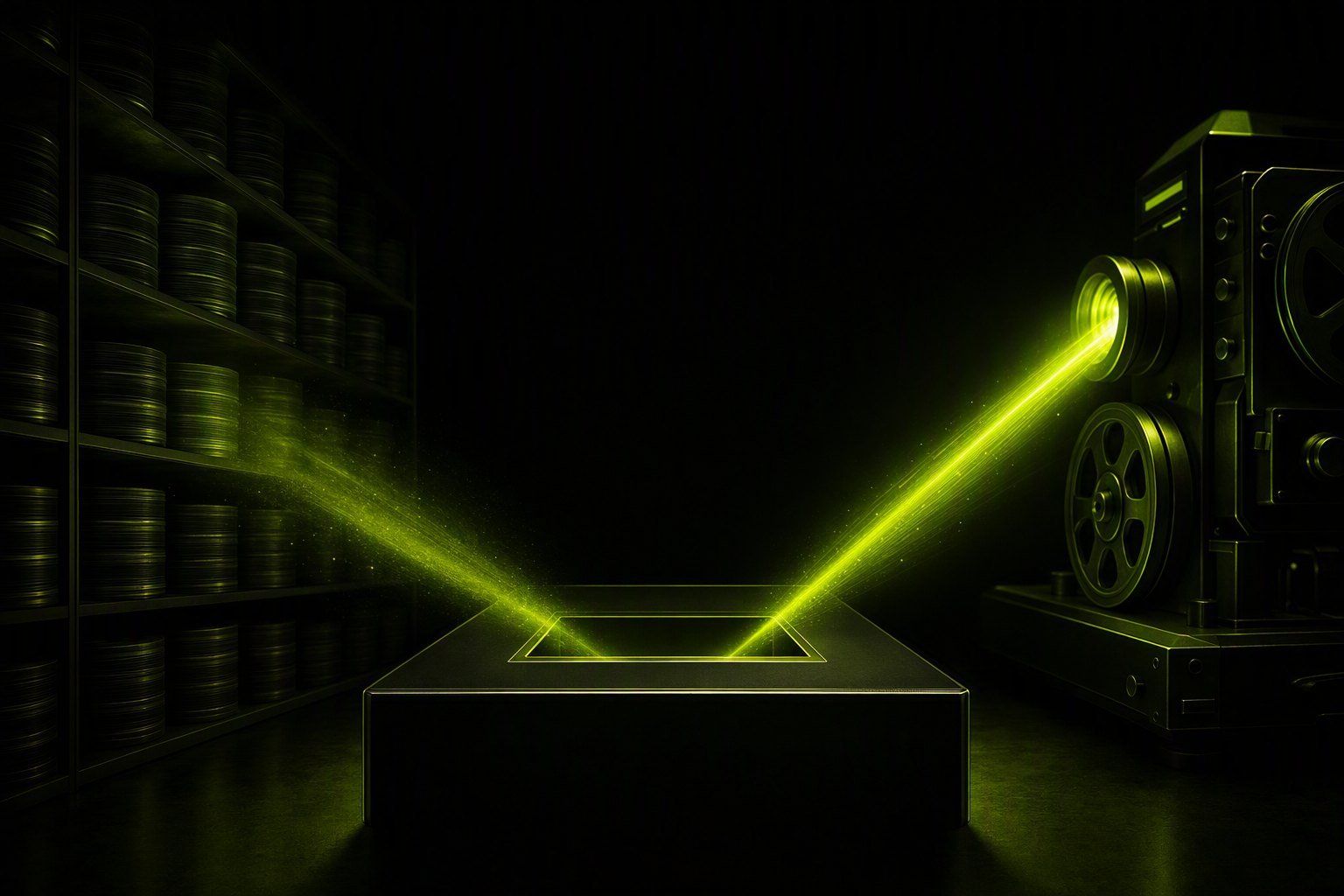 Two beams converge on one empty slot in a dark room: one from a tall shelf of archive film canisters, the other from a glowing chartreuse projector.