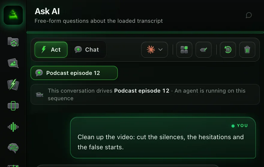 Ask AI in Act mode, the real panel with demo data: you write the request, Claude does the edit.