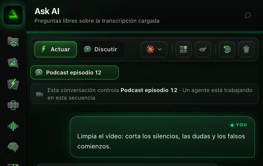 Ask AI en modo Actuar, el panel real con datos de demostración: escribes la petición y Claude hace la edición.