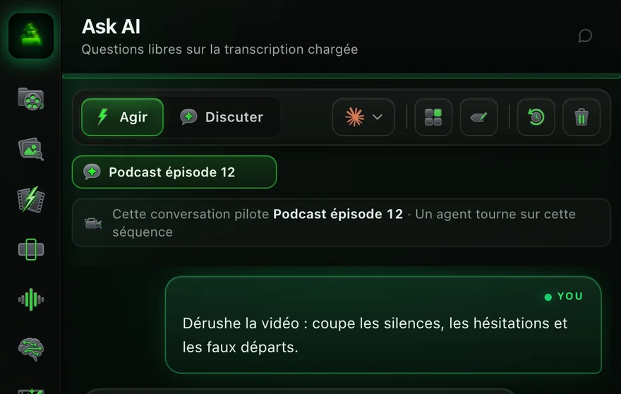 Ask AI en mode Agir, le vrai panneau avec des données de démonstration : tu écris la demande, Claude fait le montage.