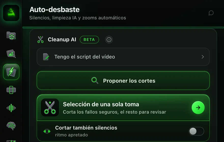 Cleanup AI en la pestaña Auto-desbaste, el panel real con datos de demostración: Proponer los cortes y la limpieza en una pasada.