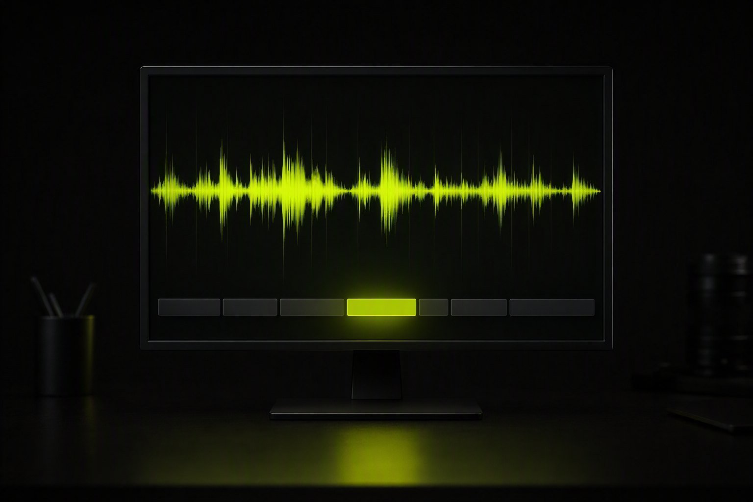 A dark editing monitor showing an audio waveform above a row of separate caption blocks, one of them lit in chartreuse as the light travels word by word.