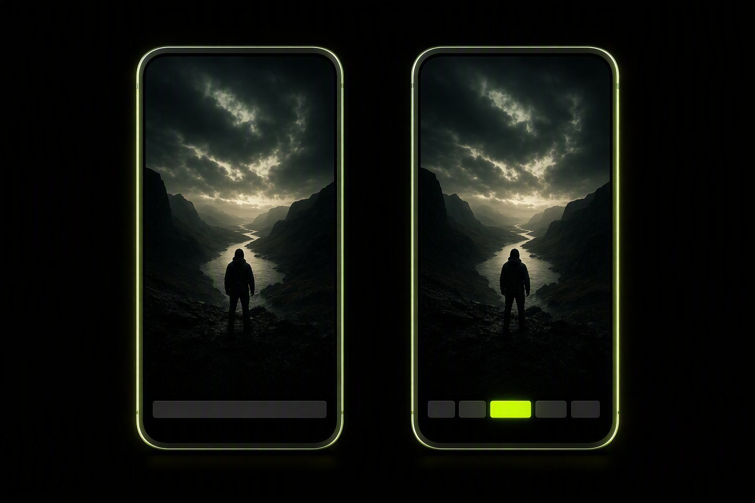 Two vertical video frames in the dark: on the left one flat static caption bar at the bottom, on the right the same line broken into separate word blocks with one lit in chartreuse.