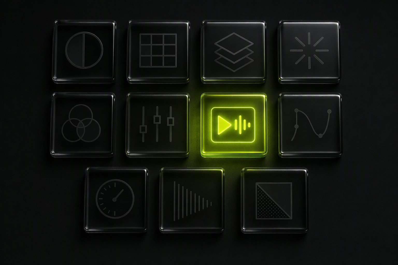 Eleven small dark tiles arranged in a grid on a black surface, one of them lit from inside in chartreuse.