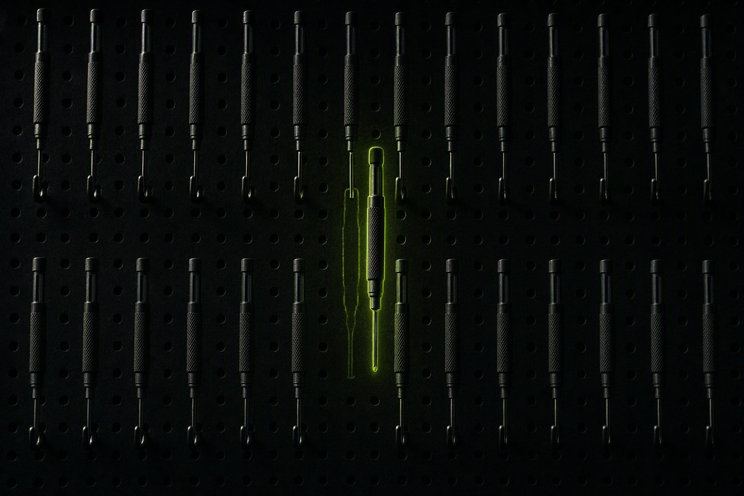 Un panneau d'outils de précision dans un atelier sombre, l'un décroché et souligné d'une lumière chartreuse.
