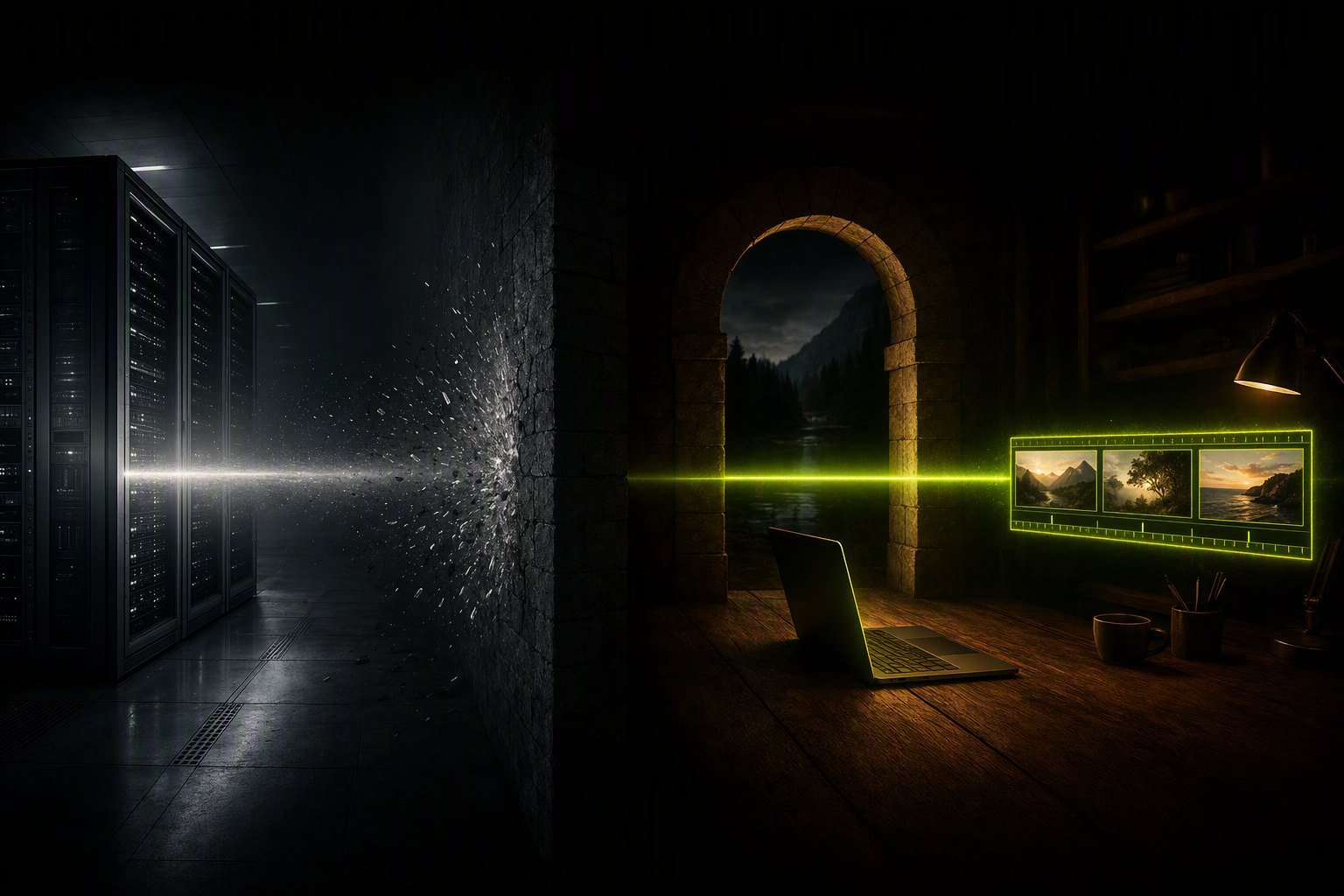 Left: a beam from a server rack hits a wall and scatters. Right: a beam from a laptop passes through an archway and becomes clips on a timeline.