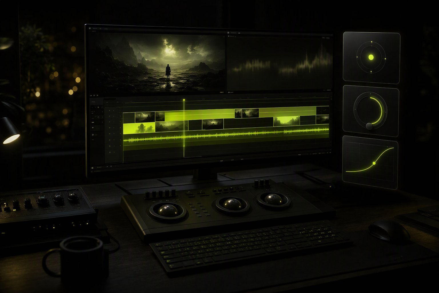 A dark editing suite with a single timeline glowing chartreuse, several plugin panels stacked at its side.