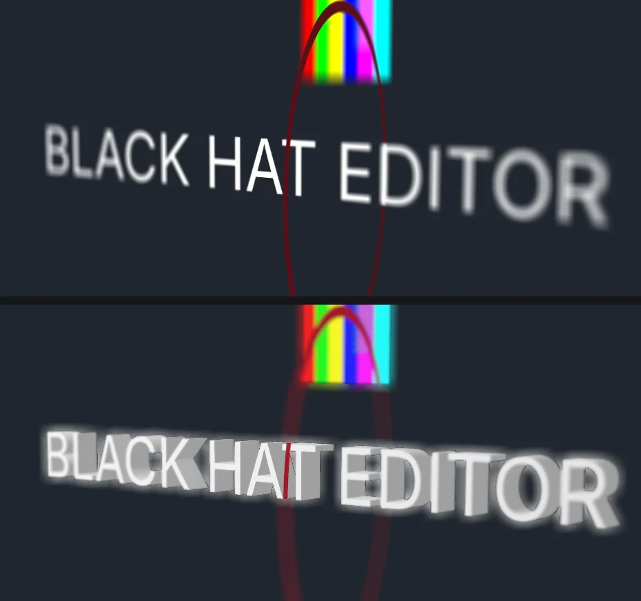 The same BLACK HAT EDITOR title rendered twice by EffectCraft with depth of field on. Top, in Classic 3D, the middle of the title is sharp and the edges are blurred. Bottom, in Advanced 3D, the extruded title is blurred end to end and surrounded by a halo.