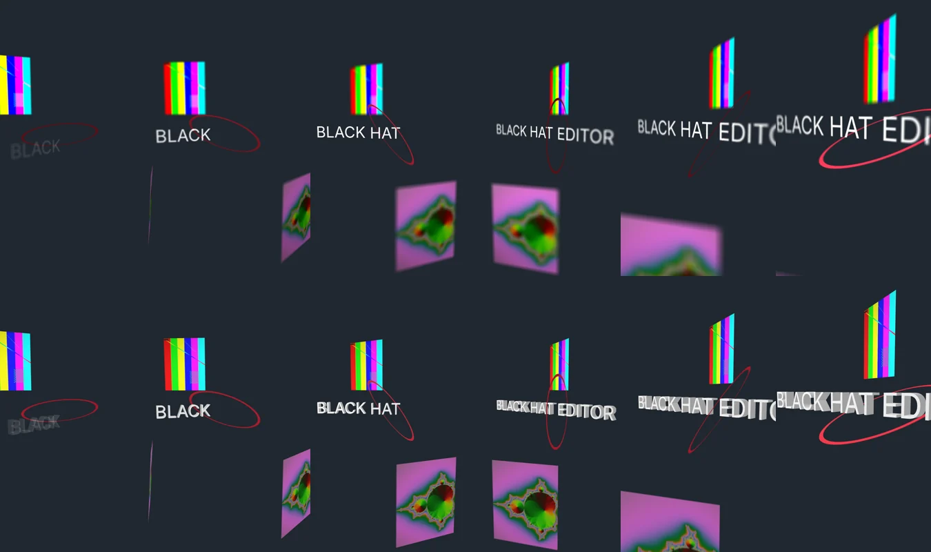 Contact sheet of twelve frames from a 1080×1920 EffectCraft render: the title BLACK HAT EDITOR appears word by word in front of a card with colored bars, a red ring and a second card, while the camera orbits then moves in. Top row in Classic 3D, with depth blur on the foreground card; bottom row in Advanced 3D, extruded letters, no blur.