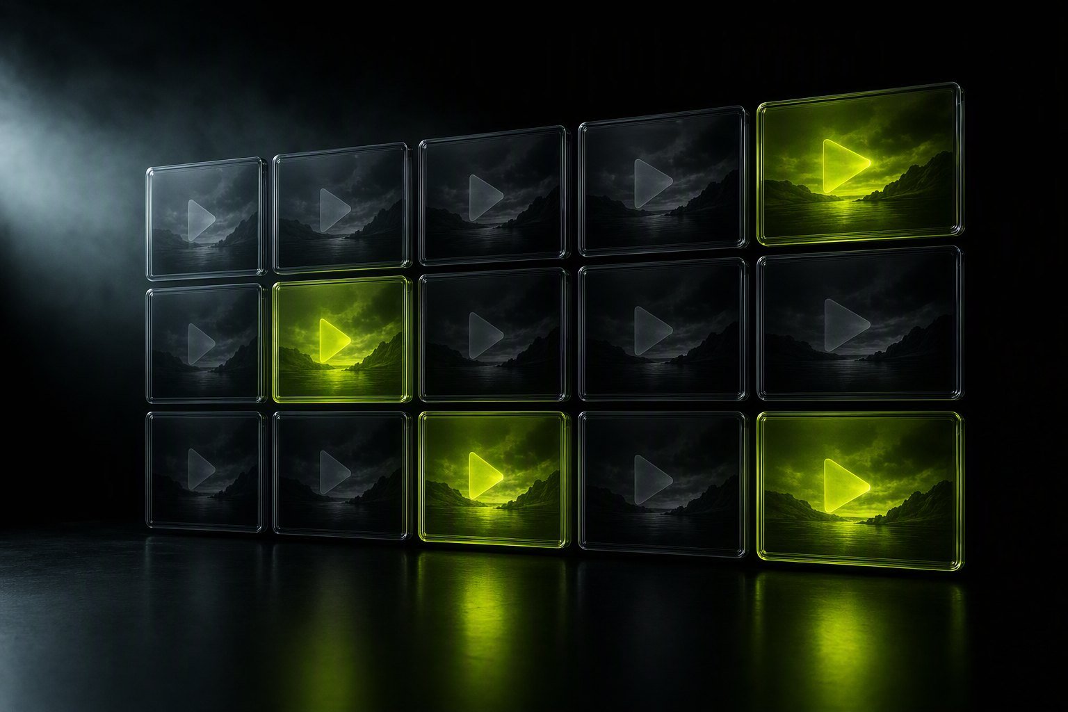 Fifteen identical video tiles floating in a dark room, four of them lit chartreuse and the rest dark, like a monthly upload quota.
