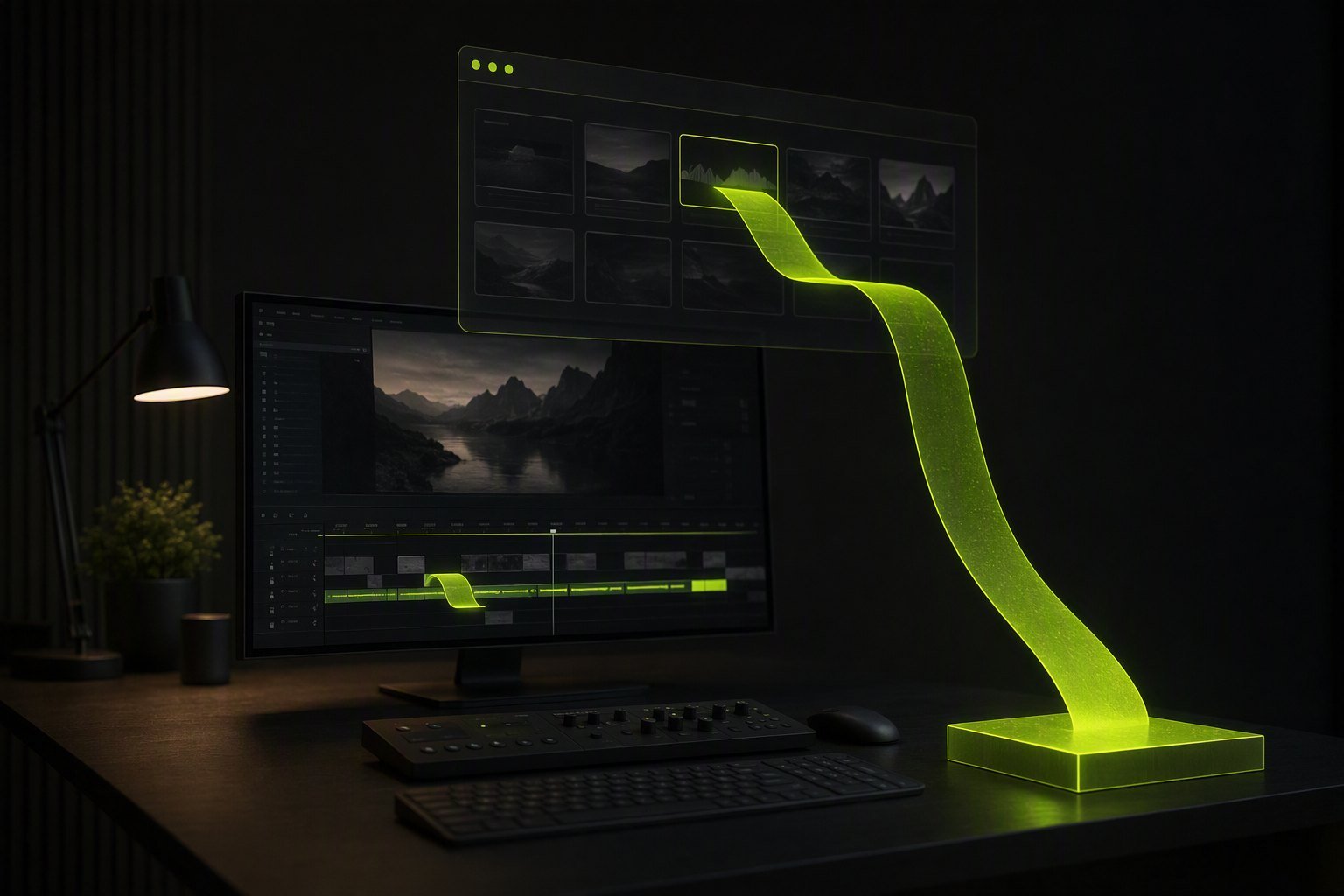A dark editing desk: a clip leaves a timeline, arcs up through a floating browser window and comes back down as a sealed flat block, while a second shorter path keeps the clip on the timeline.
