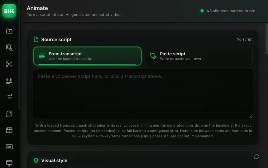 Outil Animate : un script voix-off devient une vidéo animée générée par IA, plan par plan