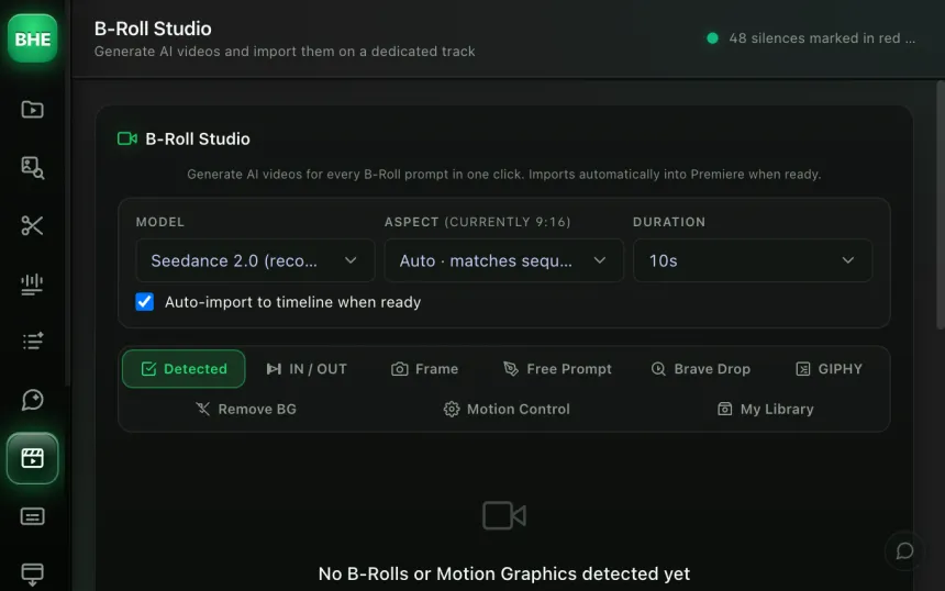 B-Roll Studio : choix du modèle IA Seedance, format calé sur la séquence, durée 10 s, import automatique sur la timeline