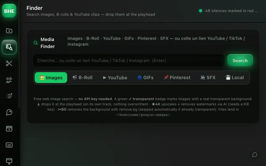 Finder: search images, GIFs and clips, dropped straight into the edit