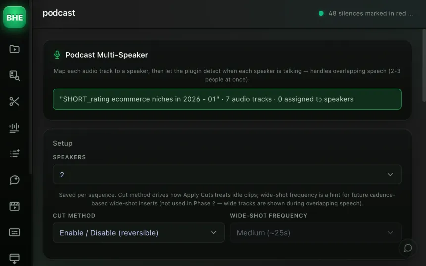 Outil Podcast Multi-Speaker : 7 pistes audio détectées, mapping des intervenants, coupes automatiques