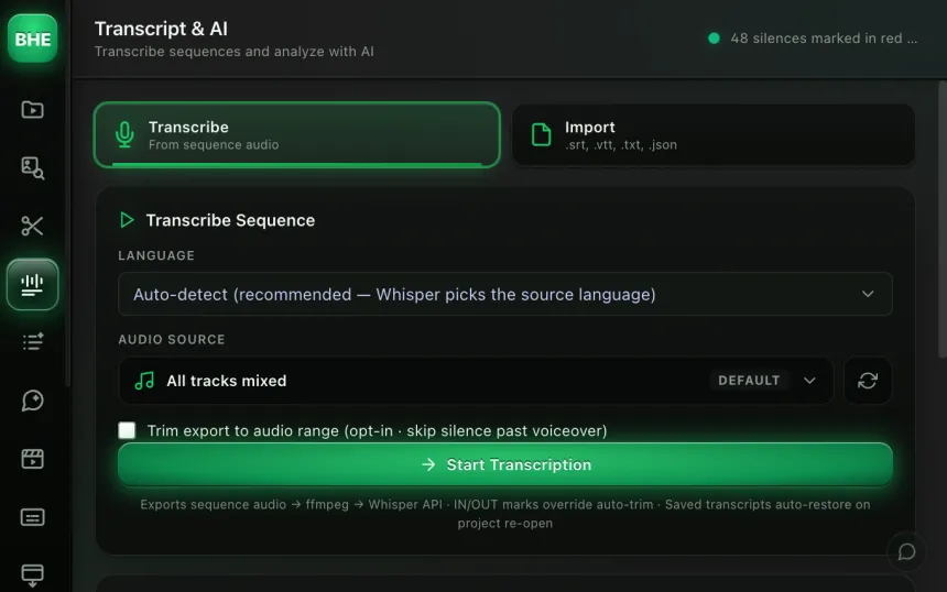 Outil Transcript : transcription Whisper de la séquence, langue auto-détectée, export SRT