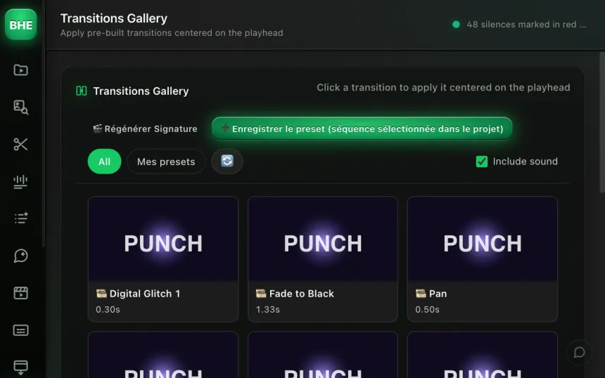 Galerie de transitions : presets Digital Glitch, Fade to Black, Pan, appliqués au playhead
