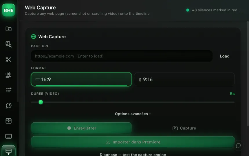 Web Capture : une URL devient un screenshot 16:9 ou 9:16, ou une vidéo de scroll, importée dans Premiere