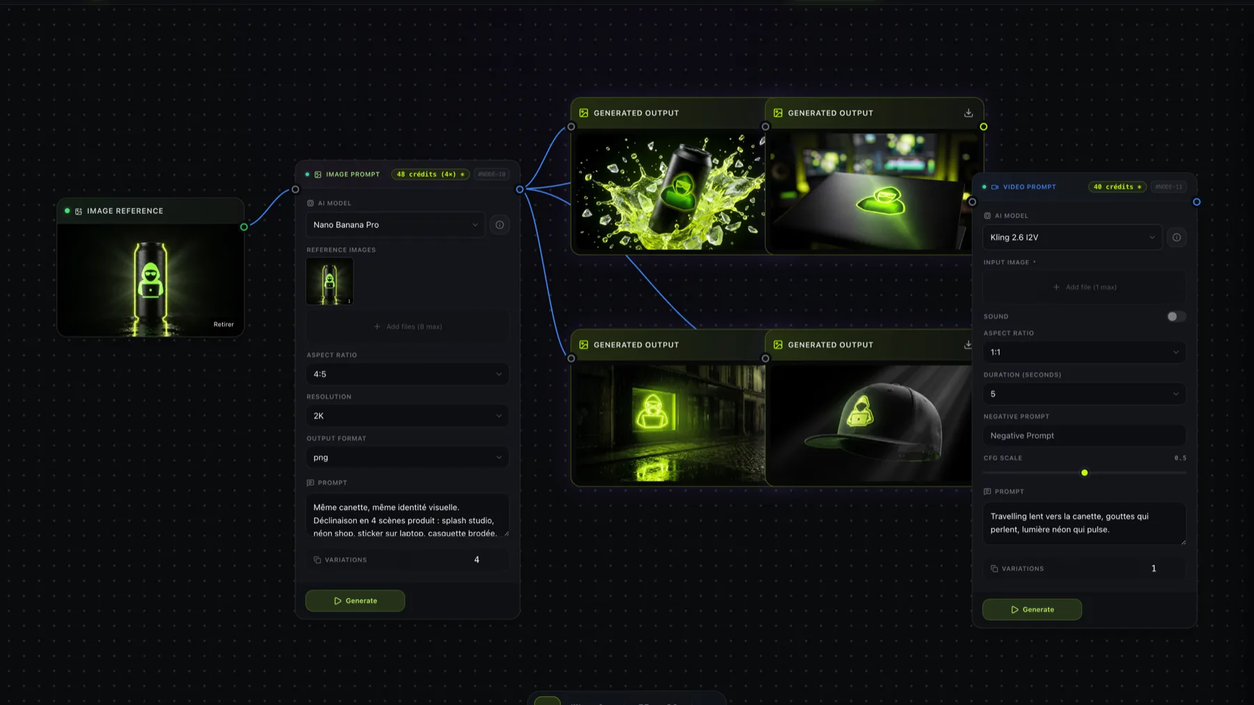 Le Studio : une image de référence reliée à un node Nano Banana Pro, quatre sorties générées, puis un node Kling qui anime l'une d'elles